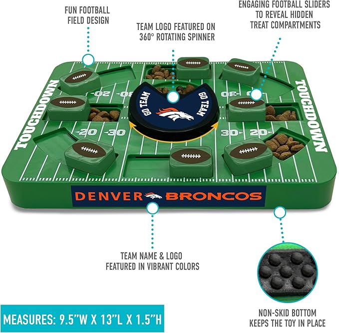 Pets First NFL Denver Broncos Large Puzzle Toy, New Size, Interactive Dog Treat & Slow Feeding Toy-Mewly Pet