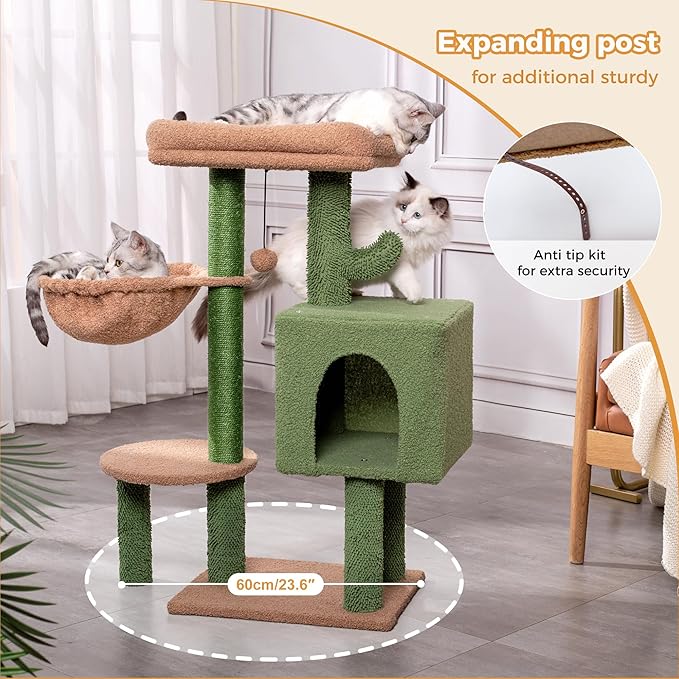 Cactus Cat Tree Small Cat Tower with 32 Inches Scratching Post with Cats Condo House, Cozy Hammock and Removable Top Bed and Dangling Ball for Indoor Cats-34” Green-Mewly Pet