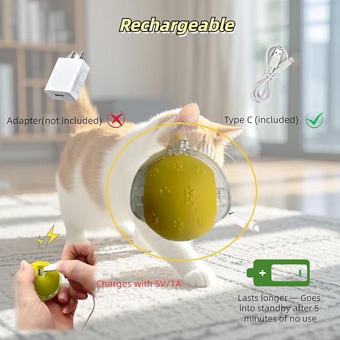 Interactive Cat Toy Ball – Automatic Electric Rolling Ball with Chirping Bird Sounds, Motion-Activated Indoor Toy for Kittens and Cats, Fun Exercise Play (Yellow)-Mewly Pet