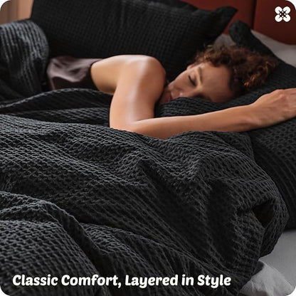 Bedsure Cotton Duvet Cover King - 100% Cotton Waffle Weave Black Duvet Cover King Size, GentleSoft™ and Breathable Bedding Set for All Season, 3 Pieces, 104"x90"