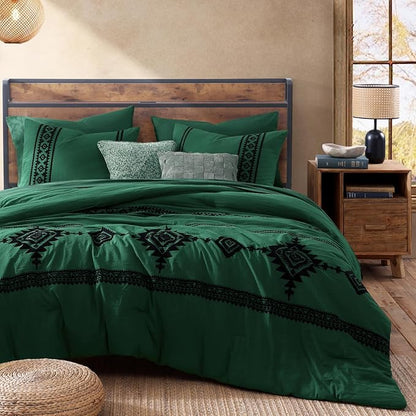 MaiRêve Embroidery King Size Comforter Set Emerald Green, Boho Farmhouse Western Bedding Set 7 Pieces, All Season Bed in A Bag Comforter Set with Sheets, Pillowcases & Shams