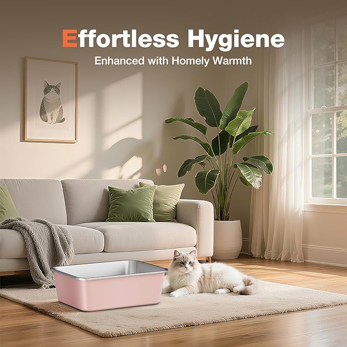 Stainless Steel Litter Box, Large Metal Cat Litter Box with High Sided for Big and Small Cats, Non-Stick, Easy to Clean, Odor-Free, 23.4" L×15.6" W×5.9" H, Blush Pink-Mewly Pet
