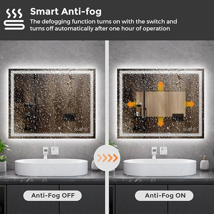 Koonmi 30x36 LED Bathroom Mirror, Backlit + Front Lit, LED Bathroom Mirror with Lights for Wall, 3 Colors, Anti-Fog, Dimmable Brightness, Memory Function, Tempered Glass