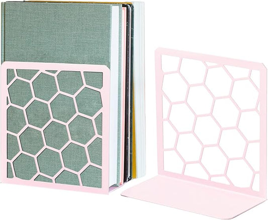 GEOMOD Geometric Honeycomb Pink Metal Bookends Decorative - Tall Sturdy Book Ends for Shelves - Modern Heavy Duty Bookend Stopper - Office or Home Book Shelf Book Holder - 6x3.25x6.25 Inches - 1 Pair