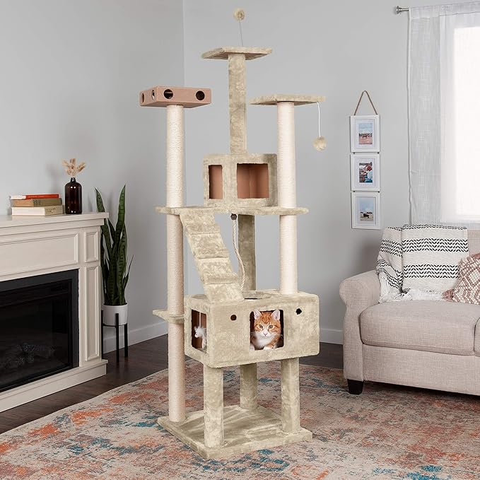 Furhaven 69.3" Tall Cat Tree for Indoor Cats, Ft. Sisal Scratching Posts, 2x Cat Condos, & Toys - Tiger Tough Double Decker Interactive Playground Tower - Cream, One Size-Mewly Pet