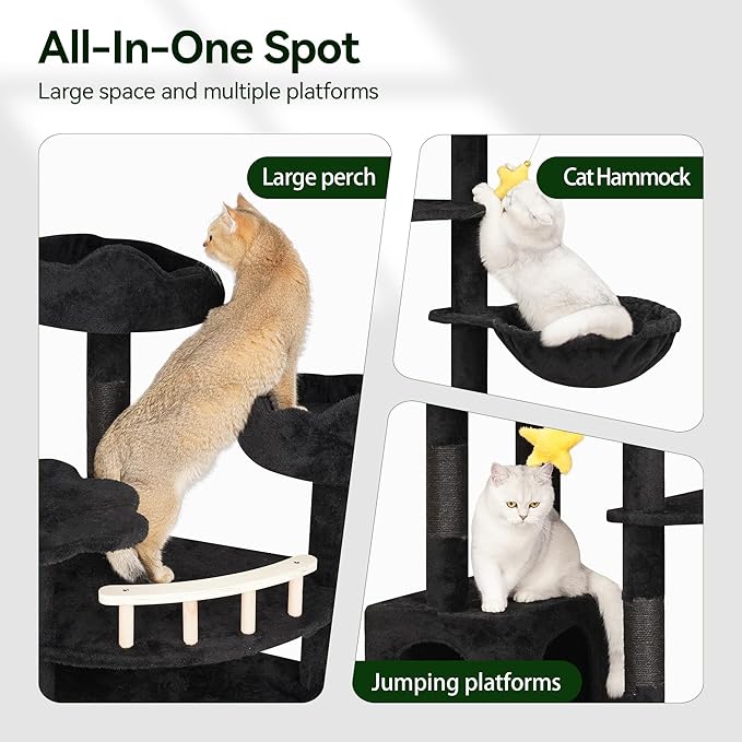 85inch Giant Cat Tree for Heavy Duty Big Cats, Multi-Level Luxury Cat Tower with Scratching Post, Cat Condo with Hammocks & Plush Perches for Indoor Cats Large Adult, Black-Mewly Pet