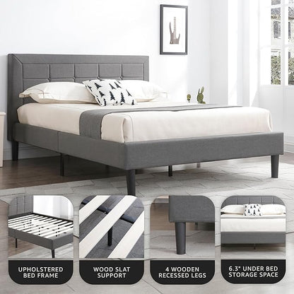 Decoro Mornington Upholstered 2.0 Platform Bed, Button-Tufted Fabric Headboard and Metal Frame with Wood Slat Support, Light Grey, King