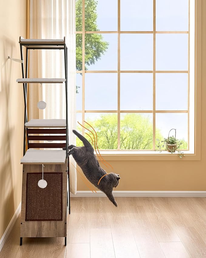 FourFurPets 72.4" Cat Tree, Modern Cat Tower for Indoor Cats, Multi-Level Cat Condo with Caves, Tall Cat Tree with Cat Scratching Board, Wooden Cat Tower with Large Perch, Removable Pads, Camel Brown-Mewly Pet