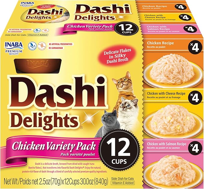 INABA Dashi Delights for Cats, Shredded Chicken with Bonito Flake Broth, 2.5 Ounce Cup, 12 Cups Total, Chicken Variety-Mewly Pet