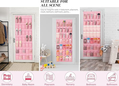 Tiblue Over The Door Shoe Organizers Pink with 35 Mesh Pockets Baby Organizer Storage Hanging Shoe Organizer Shoe Holder Rack For Toddler Girl Room Baby Room Craft Room Bedroom Pantry Bathroom Closet