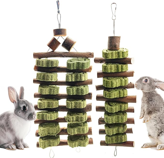 WDEFUN Natural Peach Wood Clover Cake Teeth Grinding Toy String - Rabbit Snack Chewing Toy, Safe and Durable Pet Teeth Grinding Rod, Caring for Dental Health-Mewly Pet