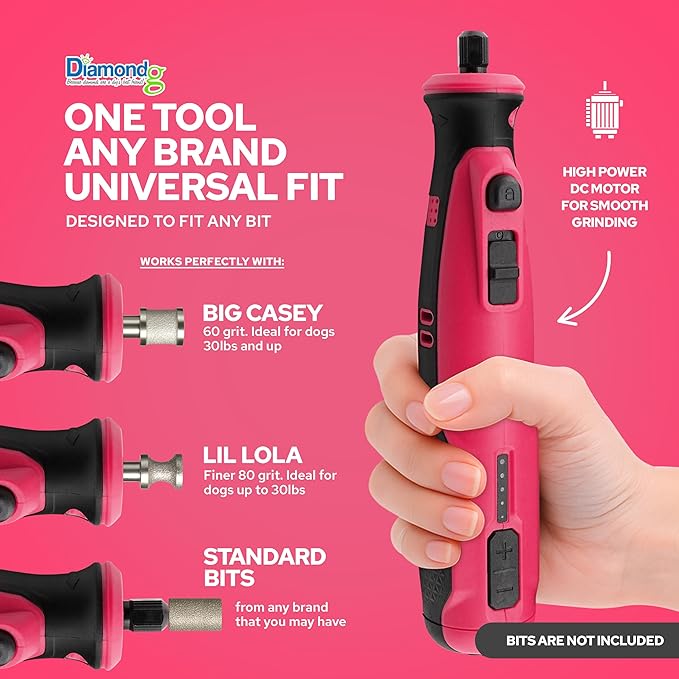 Diamondg Cordless Dog Nail Grinder with Quiet Sound & LED Tip for Large & Small Dogs, 4hrs. Runtime, 2 Bits Included, Pink-Mewly Pet