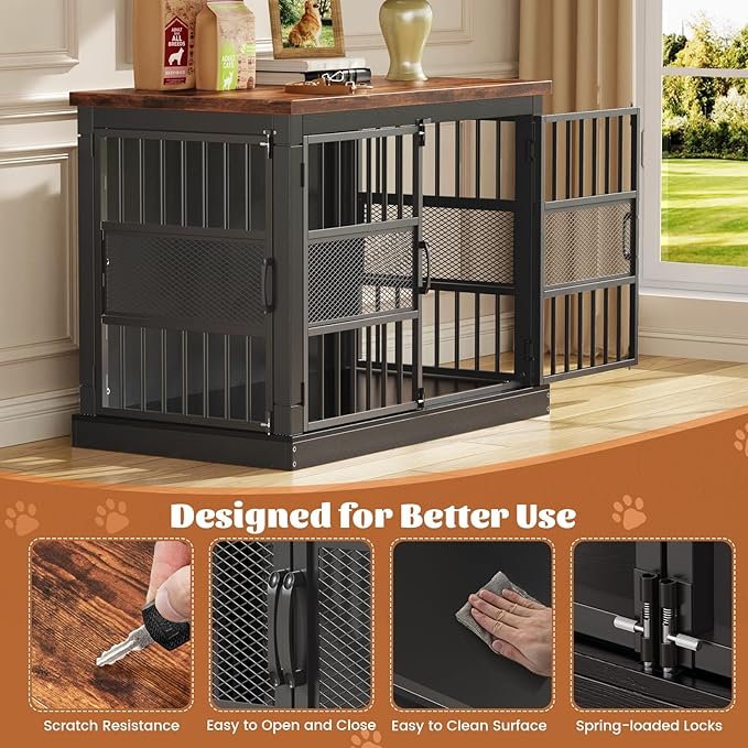 VOPEAK 40" Dog Crate Furniture, Chew Resistant Dog Crate for Dogs, Heavy Duty Dog Crates Dog Kennel Cage Indoor with Double Doors, End Table for Bedroom Living Room, Black-Mewly Pet