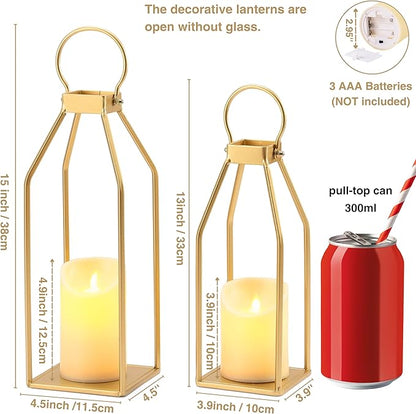 Perfnique Modern Farmhouse Lantern Decor, 15'' 12.6'' Set of 2 Gold Metal Lanterns, 2 LED 6hr Timer Flickering Flameless Candles, Lanterns Decorative for Outdoor, Porch, Fireplace, Patio