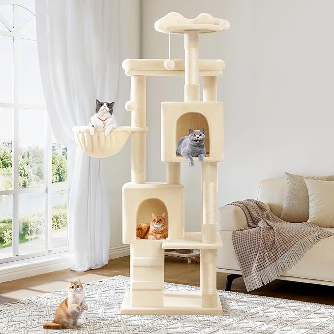 Allewie 64 Inches Cat Tree Tower/Multi-Level Activity Center for Indoor Big Felines/2 Plush Condos/2 Perchs/Basket/House/Sisal Scratching Posts/Hanging Cat Toys/Beige-Mewly Pet