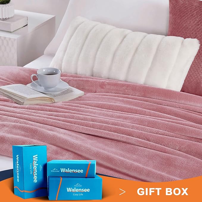 Walensee Fleece Blanket Plush Throw Fuzzy Lightweight (Queen Size 90x90 Blush) Super Soft Microfiber Flannel Blankets for Couch, Bed, Sofa Ultra Luxurious Warm and Cozy for All Seasons