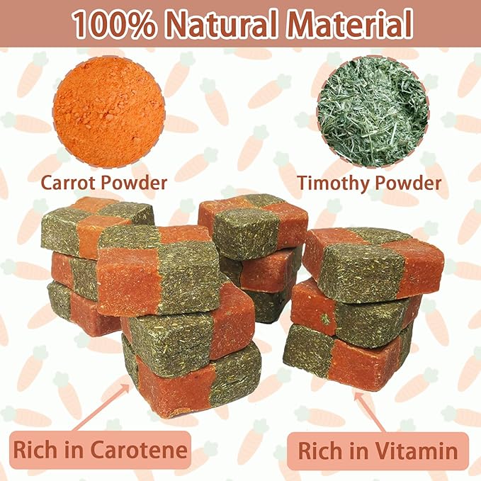 Fhiny 12 PCS Rabbit Carrots Chew Toys, Natural Timothy Hay Biscuit Cubes Rabbit Carrot Molar Treats Small Pet Snacks for Bunny Hamster Chinchilla Guinea Pig or Other Small Animals-Mewly Pet