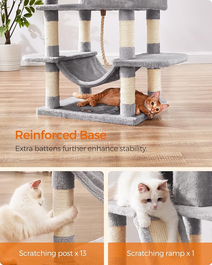 Feandrea Cat Tree, 66.1-Inch Large Cat Tower with 13 Scratching Posts, 2 Perches, 2 Caves, Basket, Hammock, Pompoms, Multi-Level Plush Cat Condo for Indoor Cats, Light Gray UPCT165W01-Mewly Pet