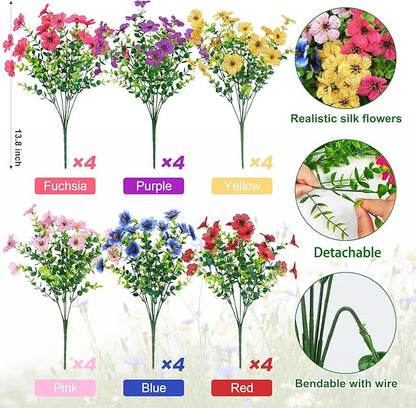 Ouddy Decor 24 Bundles Artificial Flowers for Outdoors Fake Silk Flowers UV Resistant Faux Plastic Plants for Spring Summer Garden Porch Window Box Table Vase Home Indoor Outdoor Decoration, Mixed