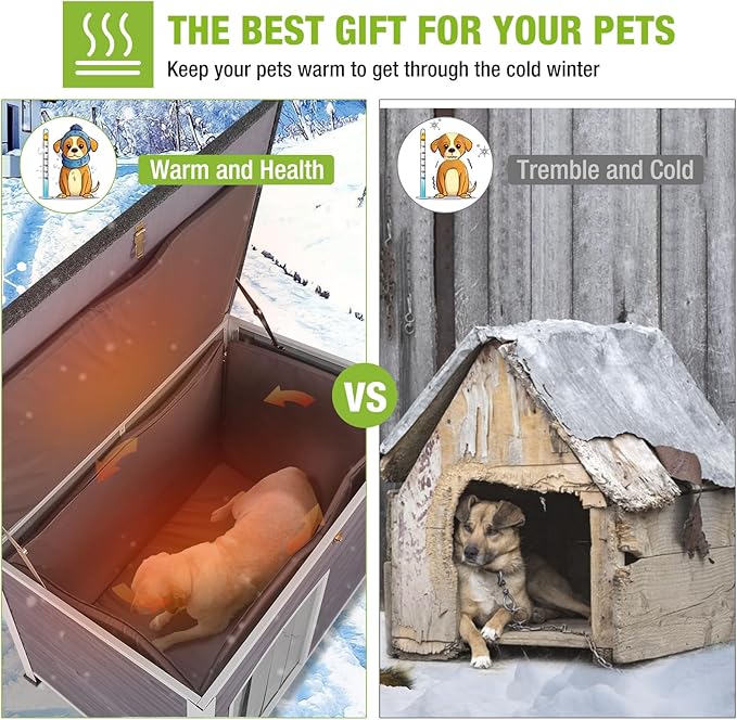 GUTINNEEN Large Insulated Dog House for Winter Outdoor Dog Kennel with Anti-Chewing Metal Frame for Medium to Large Dogs,Grey and White-Mewly Pet