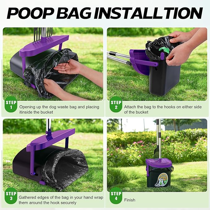 UPSKY Dog Pooper Scooper Swivel Bin & Rake Kit with 100 Waste Bags,33.4" Stainless Steel Long Handle Heavy Duty Pet Poop Shovel for Large Medium Small Dogs, Odor-Proof Lid for Yard/Lawn/Outdoor Use-Mewly Pet