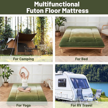Japanese Floor Mattress, Futon Mattress with Portable Storage Bag and Washable Cover, Roll Up Thick Tatami Mat Suitable for Camping, Guest Room (Forest Gradient, Queen)