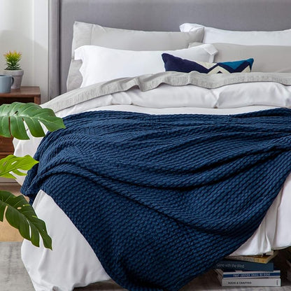 Bedsure Cooling Cotton Waffle Queen Size Blanket - Lightweight Breathable Summer Blanket of Rayon Derived from Bamboo for Hot Sleepers, Luxury Throws for Bed, Couch and Sofa, Navy, 90x90 Inches