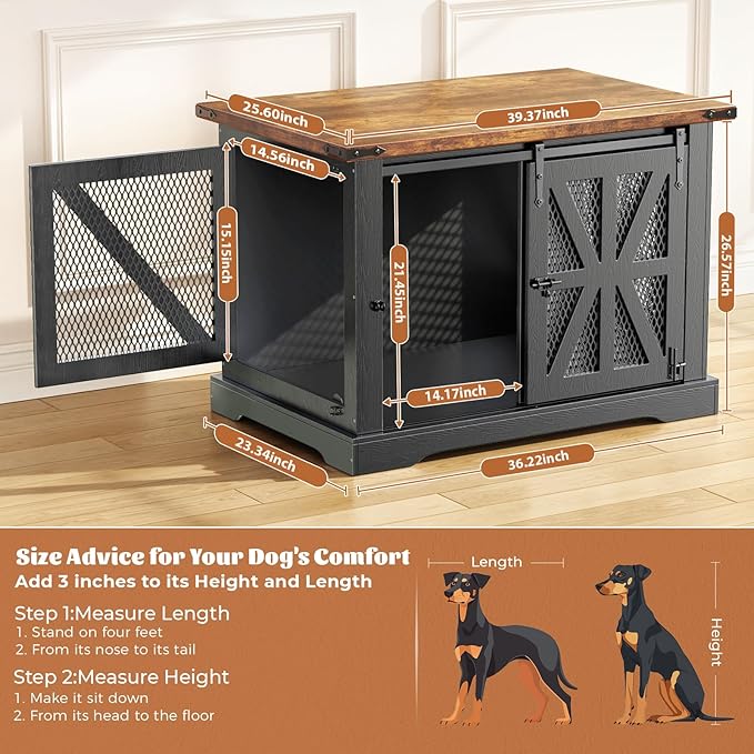 VOPEAK 40" Farmhouse Dog Crate Furniture, Heavy Duty Dog Cage for Medium Large Dogs, Dog Crate Dog Kennel Indoor with Double Doors, Chew Resistant End Table for Bedroom Living Room, Black-Mewly Pet
