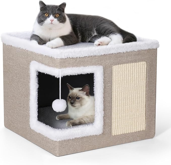 petizer Cat Bed for Indoor Cats, Large Covered Cat House with Scratch Pad, Foldable Cat Cave Bed & Hideaway Cube with Reversible Cushions, Cute Cat Condo for Multi Small Pet Kitten (Khaki)-Mewly Pet