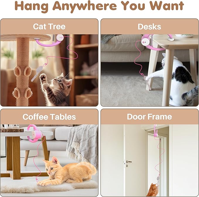 Interactive Cat Toys Rechargeable, Feather Toy for Indoor Cat, Hanging Retractable Teaser Toy, Automatic Kitten Play Chase Exercise Toys with Three Plush Mouse, USB Powered (Pink)-Mewly Pet