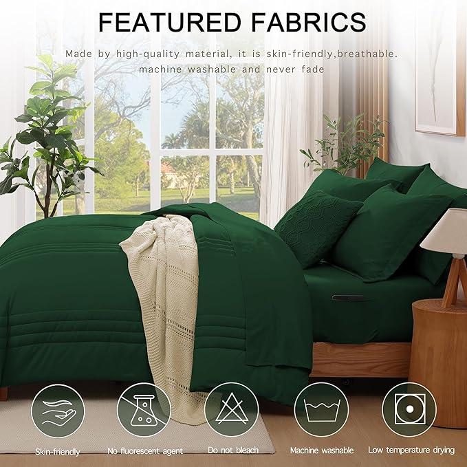 Monbix Full Comforter Set - 7 Pieces Emerald Green Bed in a Bag Full Size Bedding Sets with Comforters, All Seasons Down Alternative Comforter with Sheets, Pillowcases & Shams