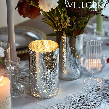 Silver Cylinder Vases for Centerpieces, Modern Glass Vase Set of 12 Decorative Hurricane Candle Holder for Pillar Candle Holders Flowers for Table Centerpiece, Sliver