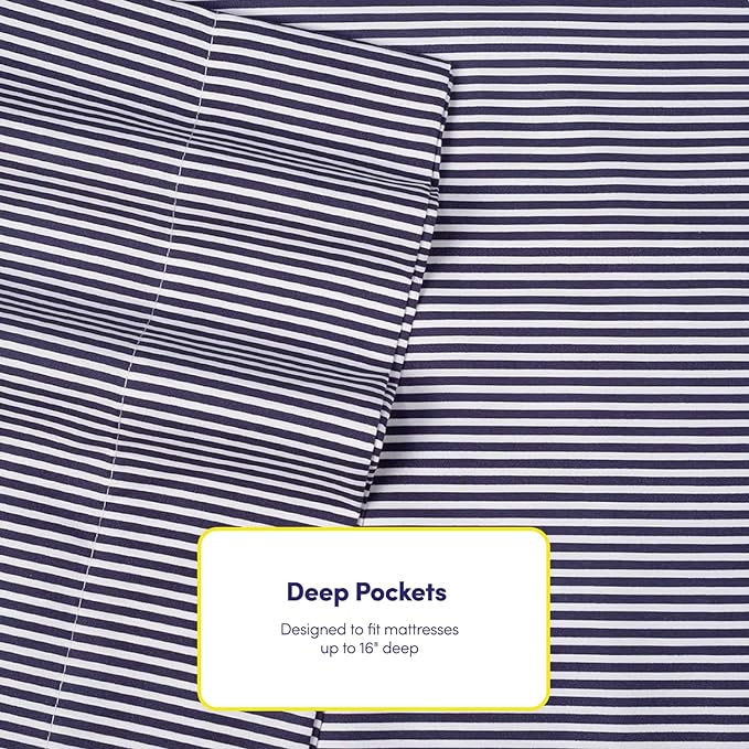 Queen Sheets Stripe Navy - 6 Piece 1500 Supreme Collection Fine Brushed Microfiber Deep Pocket Queen Sheet Set Bedding - 2 Extra Pillow Cases, Great Value, Queen, Classic Stripe Navy
