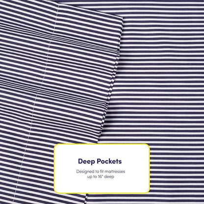 Queen Sheets Stripe Navy - 6 Piece 1500 Supreme Collection Fine Brushed Microfiber Deep Pocket Queen Sheet Set Bedding - 2 Extra Pillow Cases, Great Value, Queen, Classic Stripe Navy