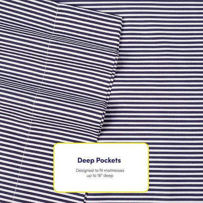 Cal King Size Bed Sheets - 6 Piece 1500 Supreme Deluxe Collection Deep Pocket Ultra Soft California King Sheet Set Bedding - 2 Extra Pillow Cases, California King, Classic Stripe Navy