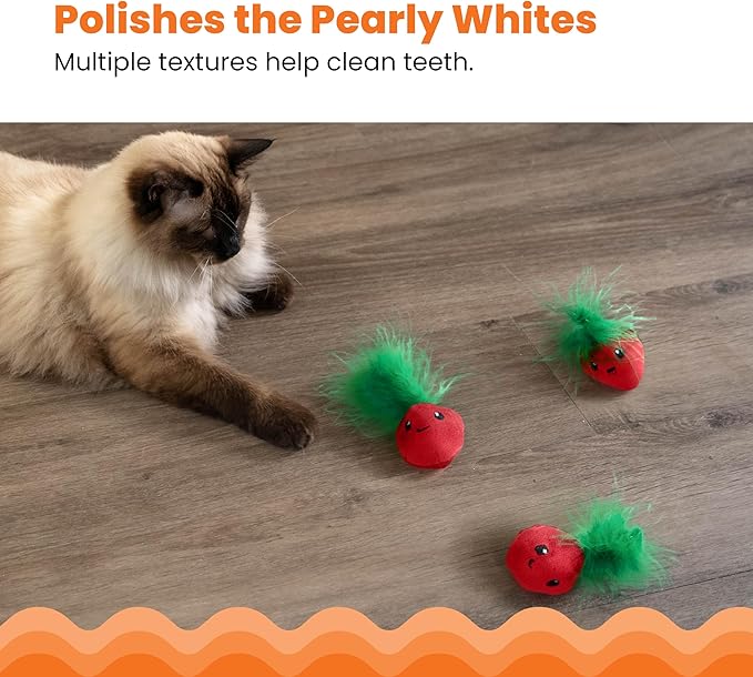 Catstages Strawbabies 3-Pack Catnip Cat Toys for Dental Health, Feather & Crinkle Teething Toys for Kittens and Indoor Cats, Interactive Play, Pink-Mewly Pet