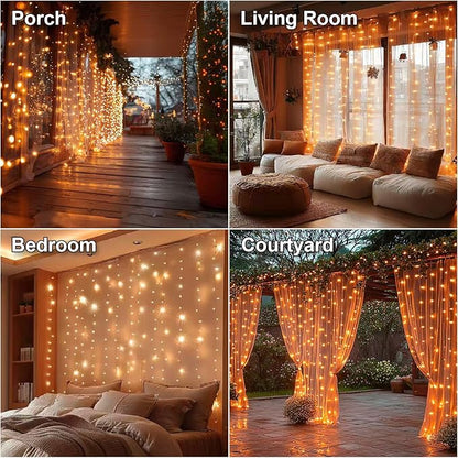 HXWEIYE 300LED Fairy Curtain Lights, 9.8x9.8Ft USB Plug-in 8 Modes Christmas String Hanging Lights with Remote for Bedroom Backdrop Wedding Party Indoor Wall Decor, Orange, Standard