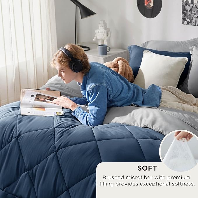 Bedsure Oversized Queen Comforter Set - 7 Pieces Reversible Navy Bedding, Oversized Queen Size Bed Set for All Seasons, Bed in a Bag with Down Alternative Comforter, Sheets, Pillowcases & Shams