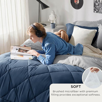 Bedsure Oversized Queen Comforter Set - 7 Pieces Reversible Navy Bedding, Oversized Queen Size Bed Set for All Seasons, Bed in a Bag with Down Alternative Comforter, Sheets, Pillowcases & Shams