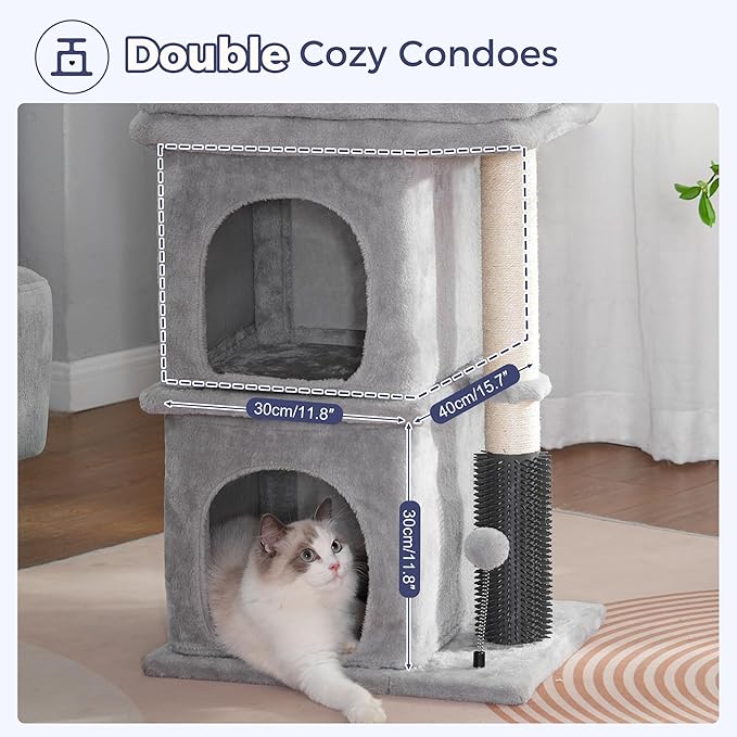 Cat Tree with Large Top Bed 17.7x15.7” Small Cat Tower with Dual Condos,28” Fully Scratching Post and Self Groomer for Indoor Cats-Grey-Mewly Pet