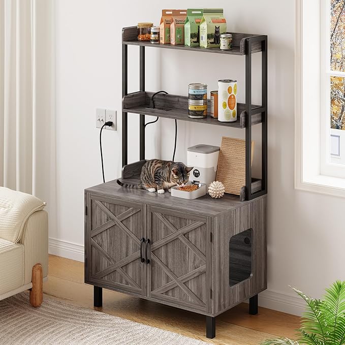 55 Inches Cat Litter Box Enclosure, Hidden Litter Box Furniture with 2 Storage Shelves and Charging Sockets, Wooden Cat House, Large Indoor Cabinet for Living Room & Entryway, Grey-Mewly Pet