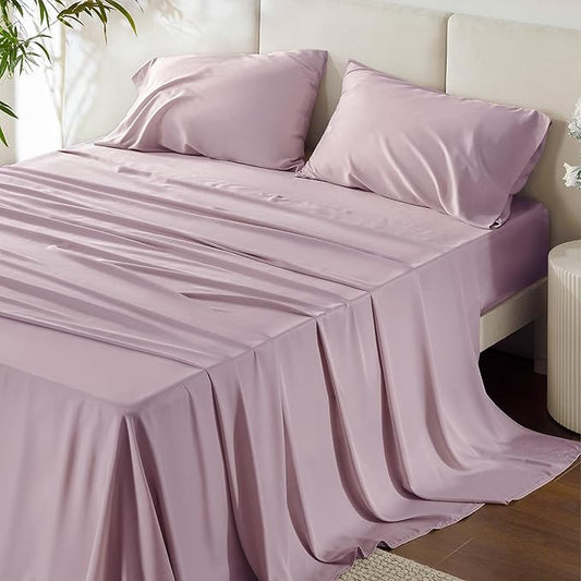Bedsure King Size Sheets Set, Cooling Sheets for Hot Sleepers, Rayon Derived from Bamboo, Breathable & Soft, Deep Pocket Up to 16 Inches, Hotel Luxury Silky Bedding, Lavender