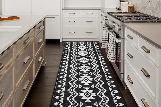 Custom Length Cut to Size Tribal Ethnic Southwestern Inspired Hallway Runner Rug, Non Slip Rubber Backed, 31 inch Wide X Customized Length, Aztec Black, 31 inch X 33 feet