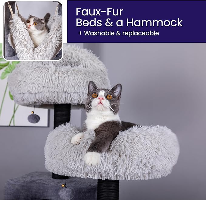 Catry Bradbury 7-Level 62.5” Modern Cat Tree with Replaceable Scratching Posts,Big Condo,Two Washable Beds, Two Hammocks,Quick Assembly, for Multi-Cat Homes(Cloud Gray)-Mewly Pet