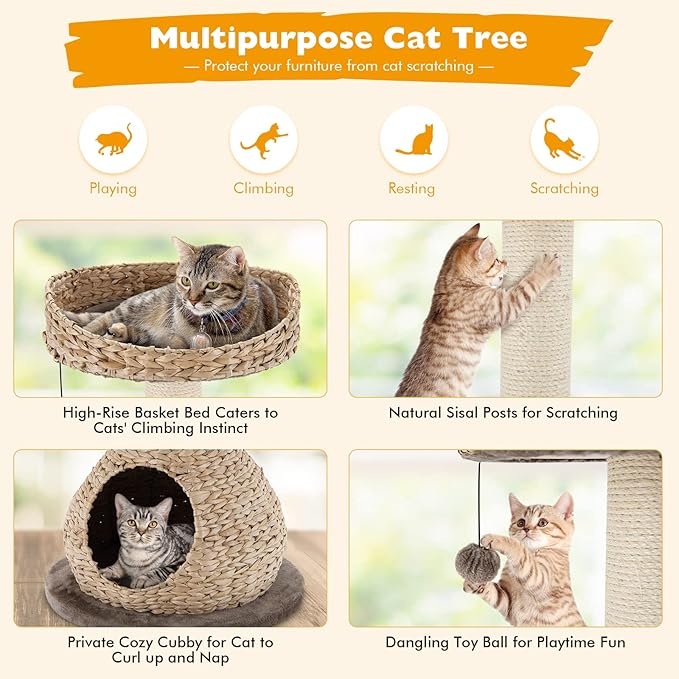 Tangkula Modern Cat Tree, Small Cat Tower with Natural Sisal Scratching Post, Hand-Made Wicker Cat Condo & Top Perch, Funny Hanging Toy Ball, Cute Cat Tree Tower for Indoor Cats-Mewly Pet