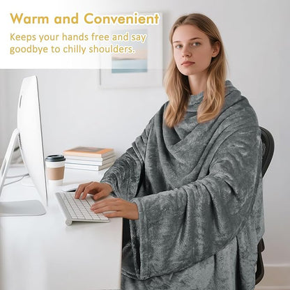 Catalonia Wearable Fleece Blanket with Sleeves and Foot Pockets for Adult Women Men, Micro Plush Comfy Wrap Sleeved Throw Blanket Robe Large, Grey