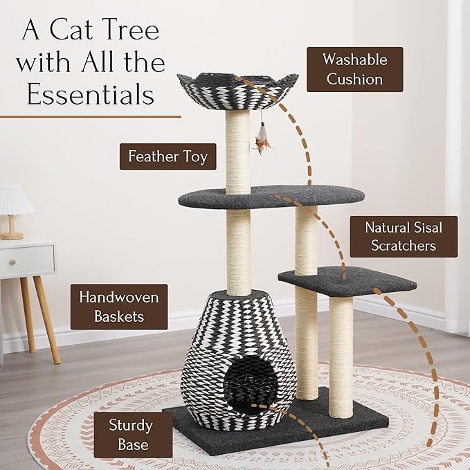 PetPals Ace 4-Level Multi-Activity Cat Tree with Handwoven Recycled Paper Rope Condo and Top Nest Bed, Replaceable Sisal Scratching Posts, Feather Teaser Toy, Black & White-Mewly Pet