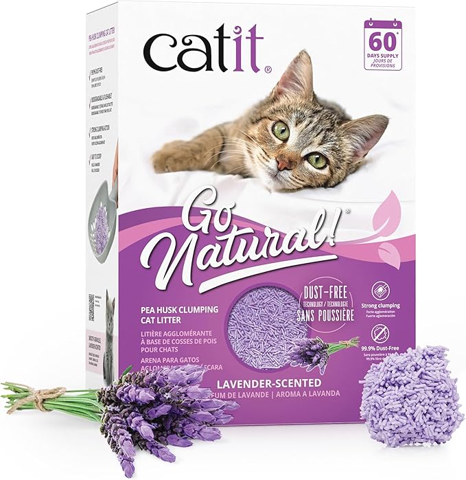 Catit - Go Natural Pea Husk Clumping Cat Litter - Lightweight, Dust Free, Easy Cleaning & Scooping, Flushable Kitty Litter with Odor Control & Subtle Fragrance - 12.3 Lbs, Lavender Scented-Mewly Pet