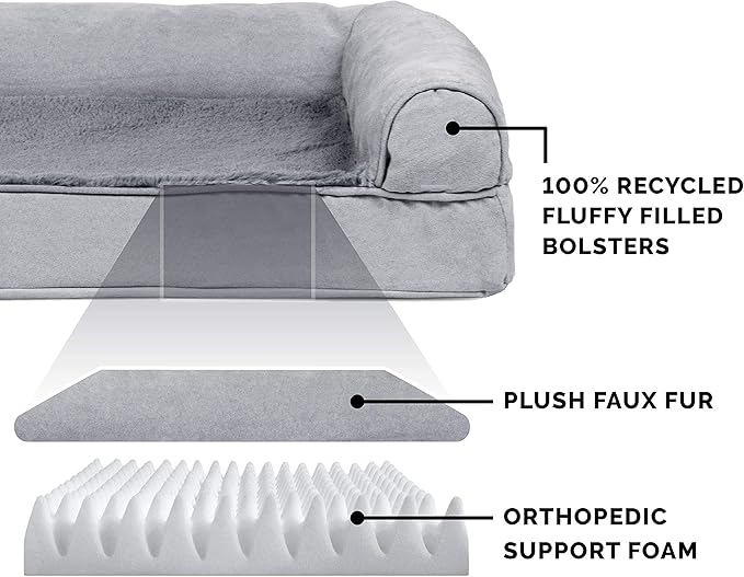 Furhaven Orthopedic Dog Bed for Large Dogs w/ Removable Bolsters & Washable Cover, For Dogs Up to 95 lbs - Plush & Suede Sofa - Gray, Jumbo/XL-Mewly Pet