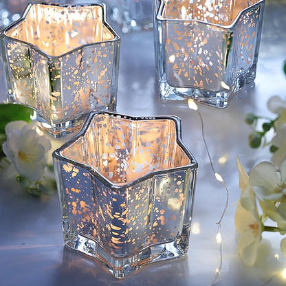 Letine 8pcs Silver Star-Shaped Candle Holders, Tea Light & Votive Candle Holders for Diwali, Wedding, Fall Table Centerpiece, Celestial Glow Jar, Lucky Star Jar & Holiday Decorations (2.44" H)